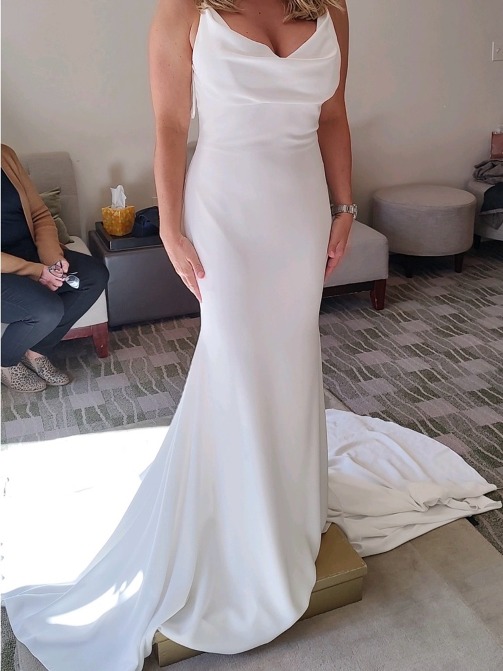 Never worn or altered Pronovias White Satin Cowl Neck Wedding Gown